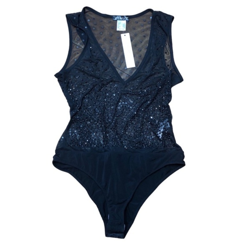 Venus Black Studded / Mesh V-Neck Gorgeous Sleeveless Bodysuit XS